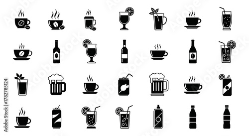 Monochrome beverage icons set with coffee tea beer wine cocktails and soft drinks. EPS Editable