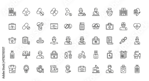 Medical Pharmacy and Hospital Outline Icon Set on White Background. EPS Editable