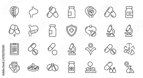 Medical Pharmacy and Healthcare Vector Line Icon Set. EPS Editable