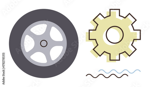Gearwheel and tire side by side with wavy lines beneath suggesting motion. Ideal for mechanics, engineering, innovation, mobility, production, industry, and energy concepts. Simple flat metaphor