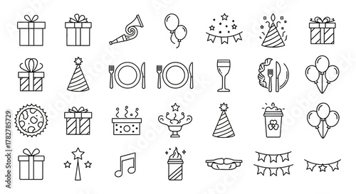 Party and celebration line icon set for birthday and holiday events. EPS Editable