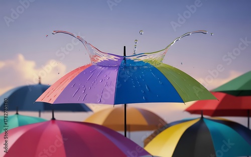 Colorful Umbrellas Splash Water Droplets in Artistic Composition