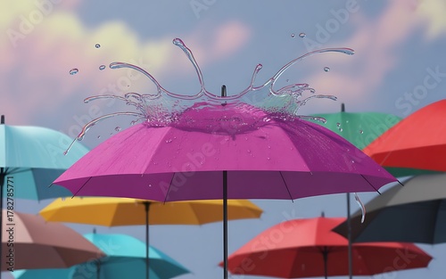 Colorful Umbrellas Catching a Splash of Water