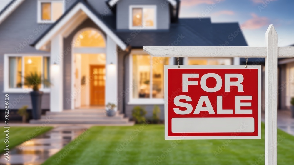 Fototapeta premium Welcoming Real Estate Agent at Open House. For Sale sign posted in front. The house itself and the open front door are softly blurred in the background, ample copy space on the sign and yard