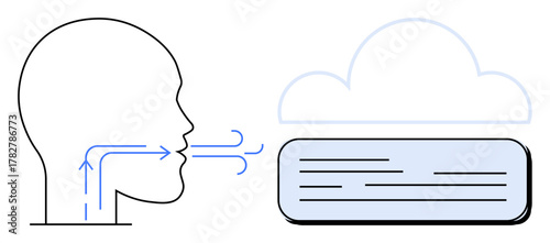 Human head profile emitting speech waves toward text in a cloud. Ideal for AI, communication, technology, data processing, language, innovation, connectivity concepts. Simple flat metaphor