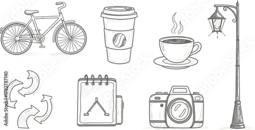 Doodle-style urban icons, bicycles, coffee cup, camera, streetlight, sketch aesthetic