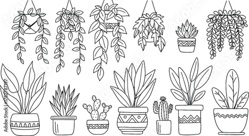 Hand-drawn doodle elements of plants in pots, hanging leaves, and small cacti, vector line art