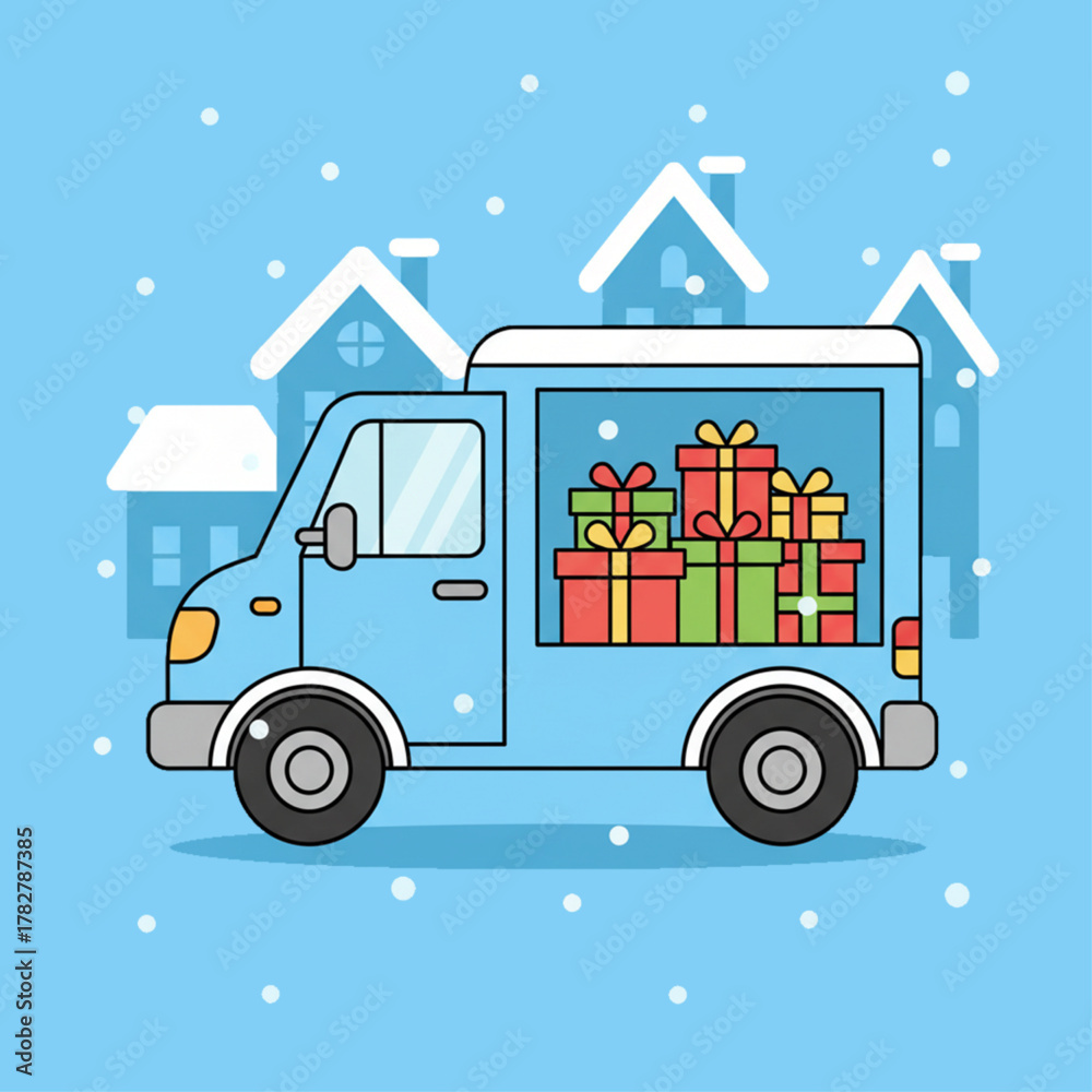 Fototapeta premium Courier Van Delivering Holiday Gift Packages in Snowy Suburban Street in Flat Vector Illustration with Solid Background