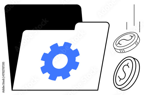 Open folder with a blue gear symbol and falling coins representing financial records and system management. Ideal for finance, organization, digital tools, savings, development, technology, simple