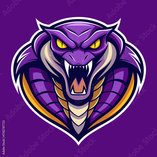A stylized, fierce purple cobra mascot with glowing yellow eyes and sharp fangs is depicted against a solid purple background.