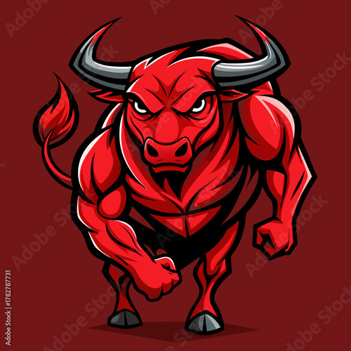 A powerful, cartoon-style red bull with a muscular physique, sharp horns, and an aggressive expression stands against a dark red background.