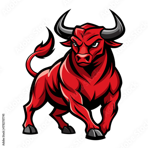 A powerful, muscular red bull with sharp horns and an angry expression, depicted in a dynamic, charging pose.