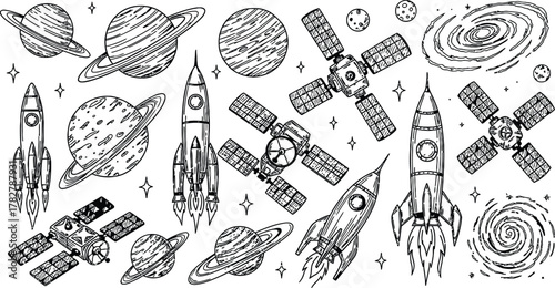 Hand-drawn doodles of planets, rockets, satellites, and galaxies, science sketch vector