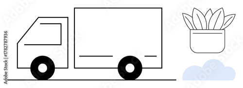 Minimalist delivery truck next to a potted plant and cloud. Ideal for shipping, transportation, eco-friendliness, sustainability, logistics, business, and nature-inspired design. Simple flat metaphor
