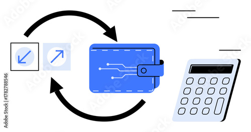 Two arrows form a loop near a digital wallet and calculator, symbolizing financial transactions and exchange. Ideal for finance, budgeting, technology, banking, fintech, investments, simple flat