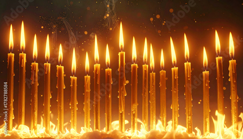 Glowing candles in Darkness: A mesmerizing array of lit candles creates a warm, atmospheric glow, their flames dancing in the darkness. The scene evokes a sense of peace, celebration.