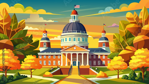 Very beautiful view of the Maryland State Capitol Building in Annapolis, featuring its iconic dome, historic architecture, surrounding trees, and warm natural daylight in a realistic scenic setting.