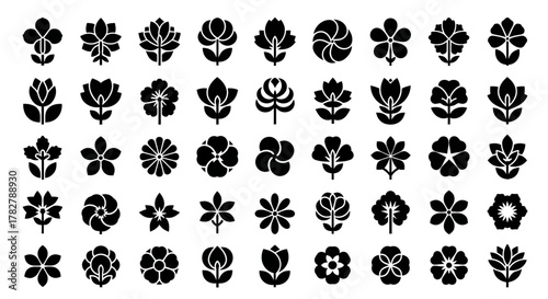 Set of Japanese style flower and leaf icons in black silhouette A large collection of botanical kamon symbols for design. EPS Editable