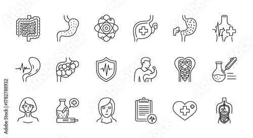 Set of Medical Icons Representing Digestive System Health and Diseases. EPS Editable