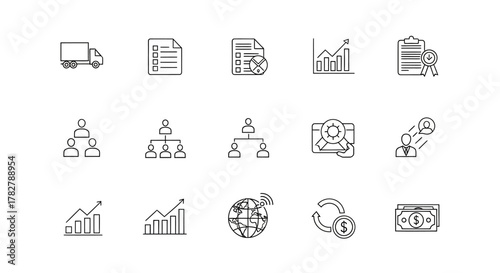Set of Business and Finance Icons with Graphs Organization Charts and Money Symbols. EPS Editable