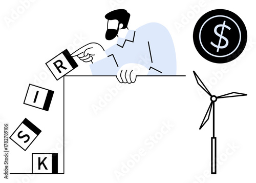 Man preventing risk blocks from falling, dollar coin symbolizing money, wind turbine representing renewable energy. Ideal for finance, sustainability, decision-making, investment, risk management