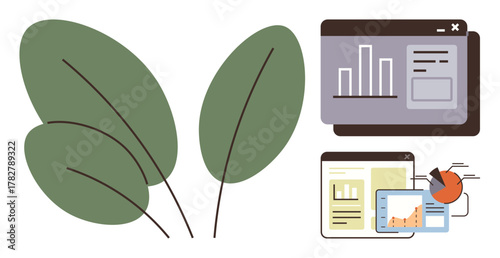Green leaves alongside analytics dashboards showcasing charts, graphs, and reports. Ideal for sustainability, eco-awareness, data analysis, environmental statistics, business growth, green