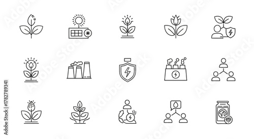 Sustainability and renewable energy line icons set for eco business finance conservation and green technology. EPS Editable