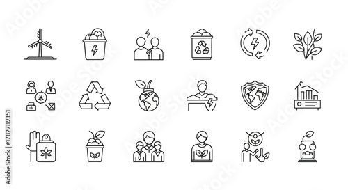 Sustainability and CSR line icon set with recycling energy and eco responsibility. EPS Editable