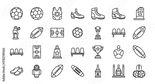 Thin line soccer and sports equipment icons set. EPS Editable