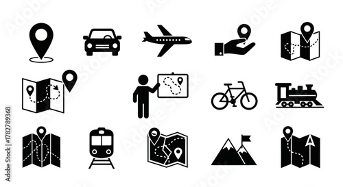 Travel and Transportation Glyph Icon Set for Maps and Navigation. EPS Editable