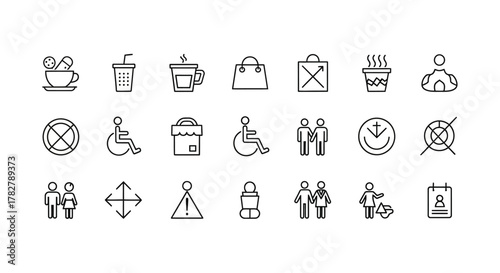 Thin line public facility icons set for amenities food shopping and accessibility. EPS Editable