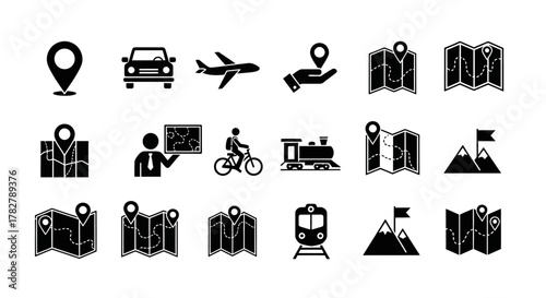 Travel navigation icons set with maps transport and location pins. EPS Editable