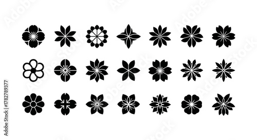 Twenty black geometric floral symbols set on white. EPS Editable