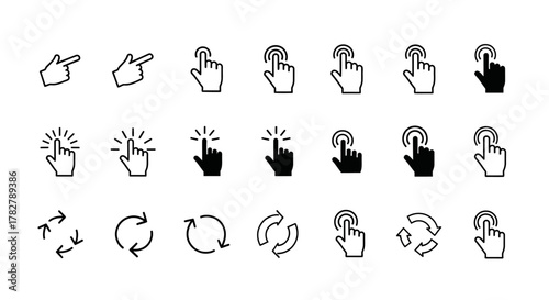 Vector icon set of hand pointers clicks taps and refresh arrows for user interface. EPS Editable