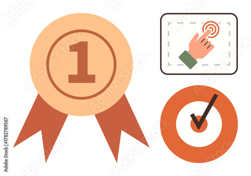 Number one ribbon, checkmark on target, and hand touching screen icon. Ideal for success, achievement, quality, ranking, goals decision-making technology. Simple flat metaphor