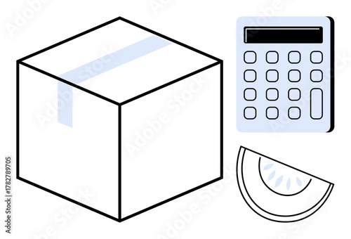 Box, calculator, and melon slice suggest packaging, financial planning, and food distribution. Ideal for logistics, budgeting, e-commerce retail inventory food supply warehouse operations. Simple