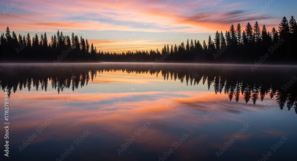 Obraz premium Sunrise Over Calm Lake with Pine Forest Reflection and Misty Horizon
