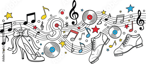 Whimsical doodles of musical notes, vinyl records, stars, and dancing shoes, vector sketch