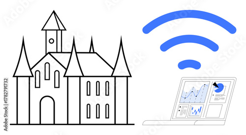 Medieval castle next to a laptop displaying charts, connected by wireless signals. Ideal for tradition and innovation, digital transformation, connectivity, heritage, smart technology, progress