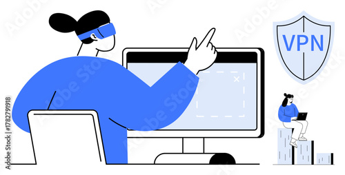User working on computer pointing to screen, shield with VPN text for privacy, person on laptop atop blocks. Ideal for cyber security, technology, anonymity, safety, remote work, online privacy