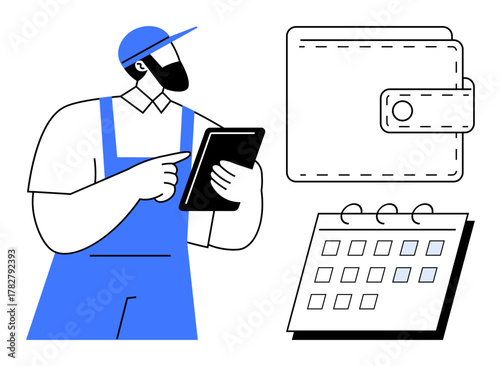 Male worker in uniform pointing at a tablet, wallet, and calendar. Ideal for time management, budgeting, financial planning, organization, scheduling, task prioritization simple flat metaphor