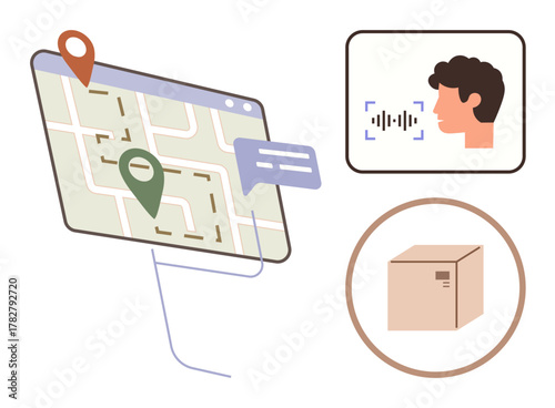 Map with route and pins, voice recognition profile, and parcel. Ideal for delivery service, logistics, communication, AI, navigation voice tech e-commerce. Simple flat metaphor