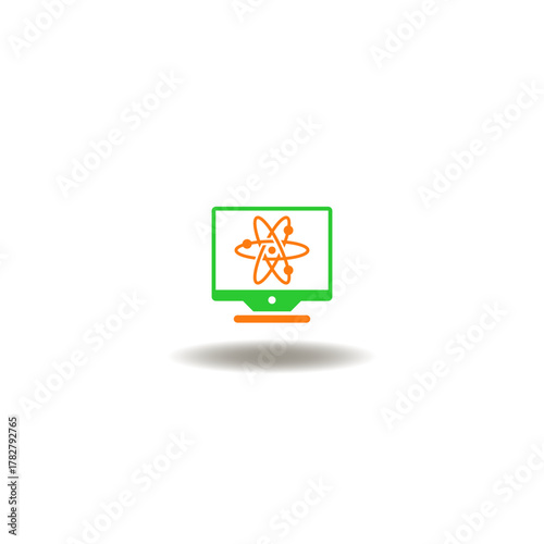 Vector illustration of monitor with atom molecule physical structure. Symbol of quantum computing tech.