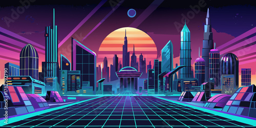 Time Warp neon city in vector style that fuses vintage charm with future tech