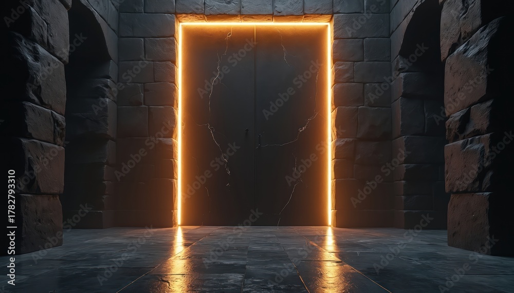 Obraz premium Dark room with stone walls and glowing door. Large stone door with cracks and orange light. Arched entrances on sides. Stone floor reflecting light. Minimal ancient temple fantasy game concept.