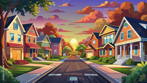 Very beautiful American street at sunset in Maryland, USA, featuring upper-middle-class single-family houses, colorful dramatic skies, warm sunlight reflecting on homes, and a realistic suburban stree