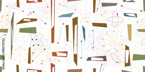Vintage modern atomic seamless pattern with speckled and grainy texture, inspired by1950s and 1960s atomic age design, featuring abstract geometric shapes and orbit motifs , colorful vector design.
