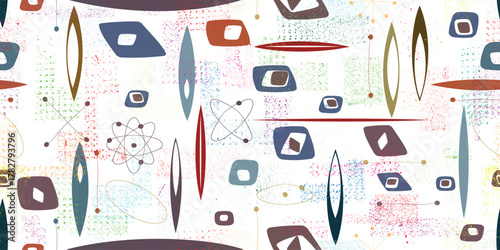 Vintage modern atomic seamless pattern with speckled and grainy texture, inspired by1950s and 1960s atomic age design, featuring abstract geometric shapes and orbit motifs , colorful vector design.
