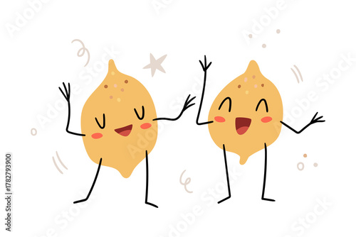 Adorable cartoon-style lemon characters with happy faces, dancing arms and legs, surrounded by confetti and doodles. Fun, joyful and minimal flat style for children’s design, cards, or branding.