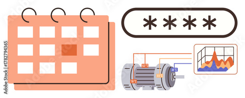 Calendar layout, password entry bar, electric motor wiring diagram, and performance graph. Ideal for workflow, scheduling, maintenance planning, security data analytics industry productivity. Flat